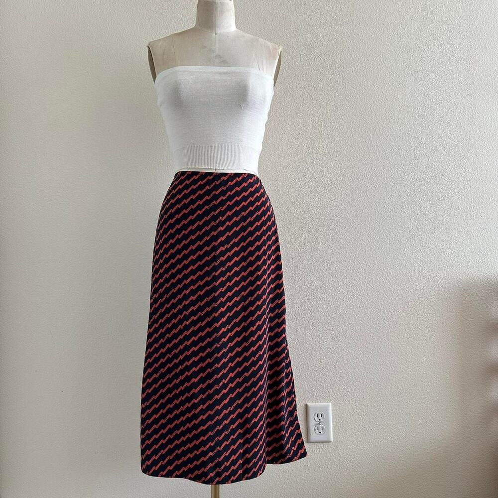 handmade navy blue orange satin chevron print midi skirt
